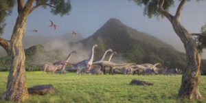 Dinosaurs on the valley. Migration. This is a 3d render illustration.